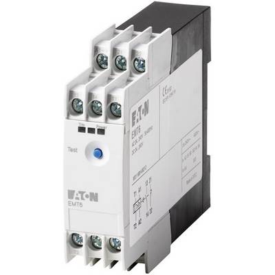 Een elektronische multifunctionele tijdrelais van Eaton met een wit behuizing, blauwe testknop en aansluitklemmen bovenaan.