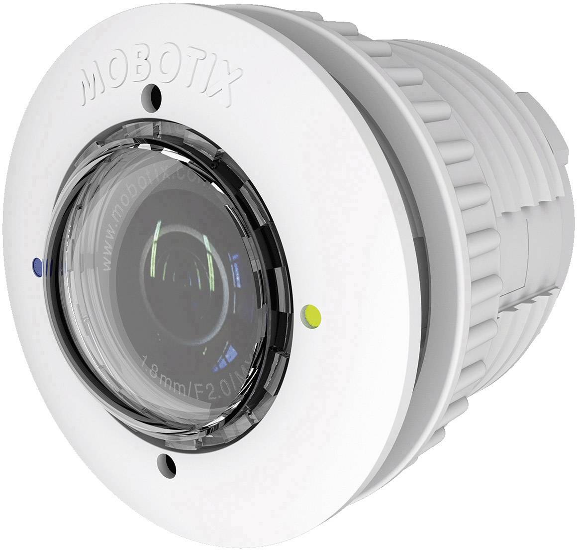 Bewakingscamera van Mobotix in cilindrische vorm met zichtbare lens en markeringspunten in blauw en geel.