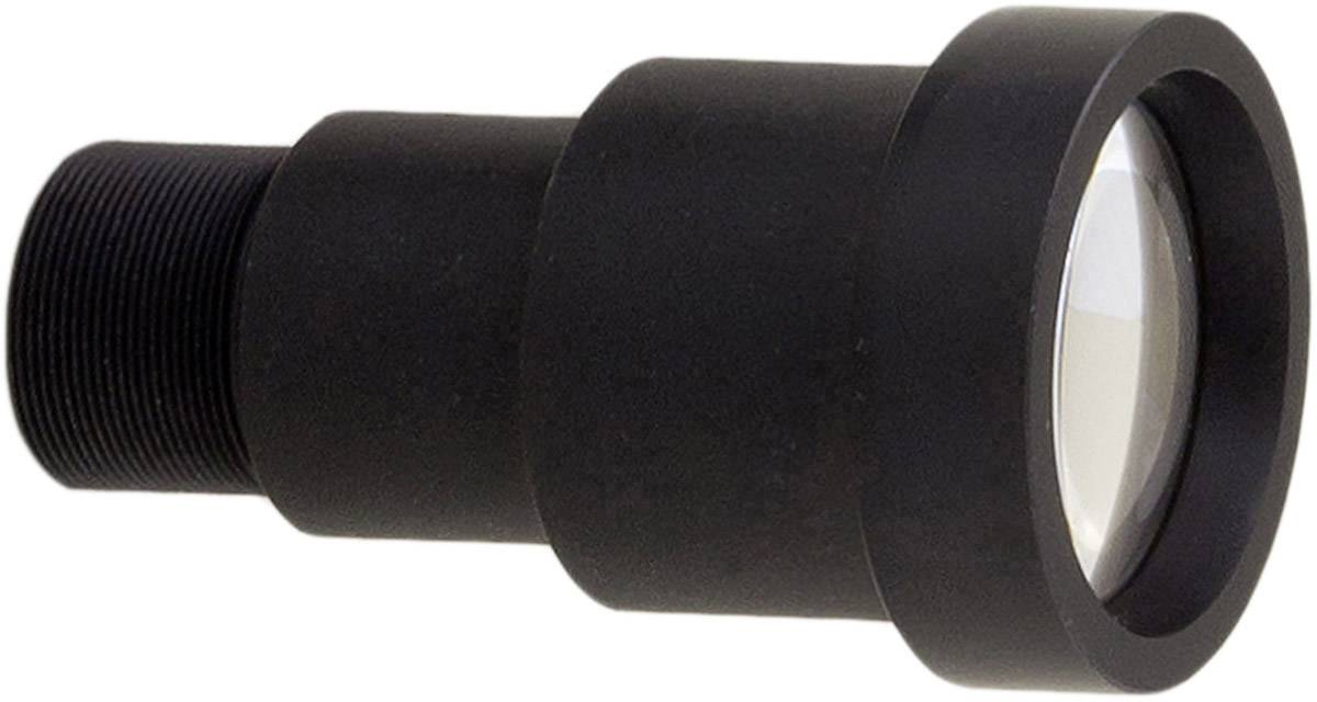 Een zwarte camera-lens met een korte brandpuntsafstand wijst naar rechts. Hij is cilindrisch met een ronde glazen lens.