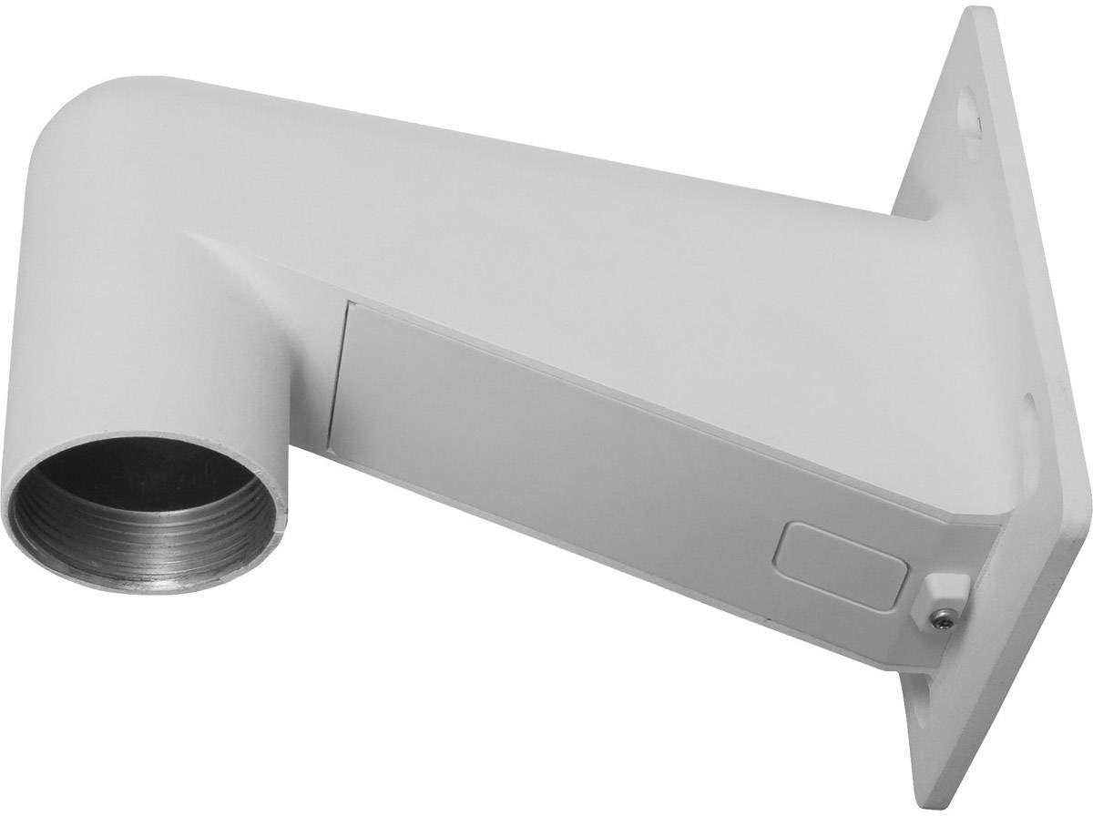 Witte camera-wandbeugel met rechthoekige bevestigingsplaat en ronde opening, geschikt voor beveiligingscamera's voor binnen- en buitengebruik.