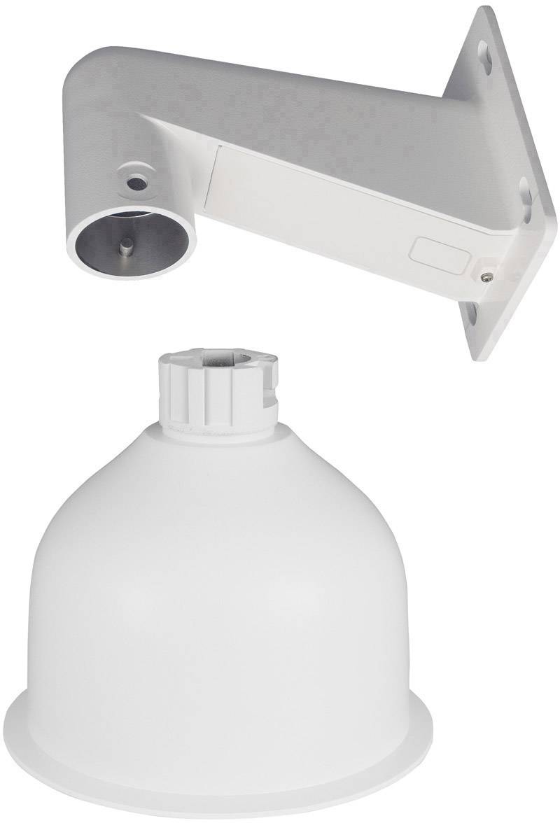 Metalen wandsteun en witte koepel naast elkaar afgebeeld voor het bevestigen van een camera.