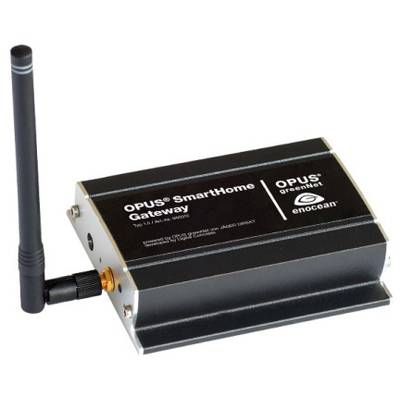 Een klein zwart apparaat met een antenne, gelabeld als 'OPUS SmartHome Gateway' en 'OPUS greenNet', wordt gebruikt voor home automation.