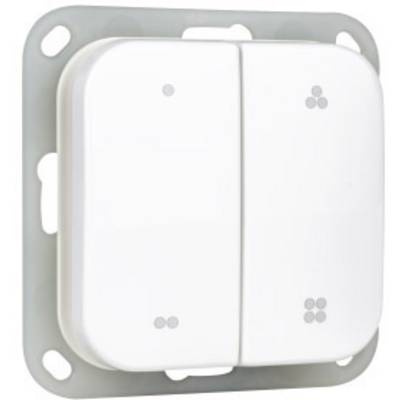Een dubbele lichtschakelaar in witte kleur op een wandplaat, geschikt voor het bedienen van twee verschillende lichtcircuits.