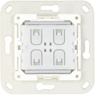 Close-up van een witte, rechthoekige lichtschakelaardoos met schroefgaten in de hoeken, klaar voor montage aan de muur.