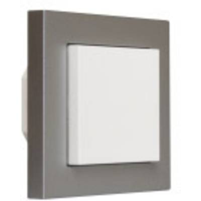 Een moderne, vierkante lichtschakelaar met een grijze rand en een witte toets, licht schuin weergegeven.