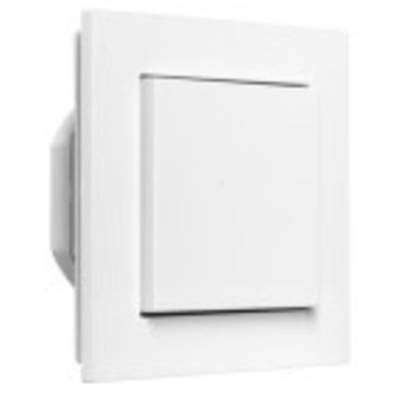 Een witte lichtschakelaar op een witte muur. De schakelaar is rechthoekig en strak vormgegeven.
