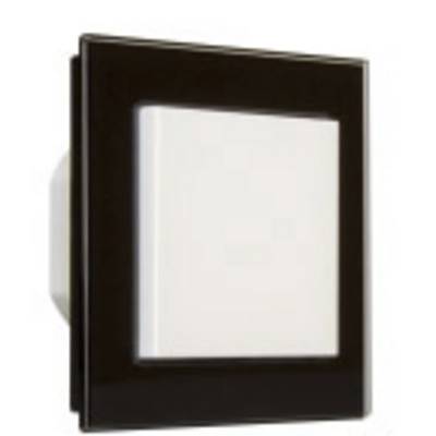 Afbeelding van een zwart vierkant frame met een witte lichtschakelaar in het midden, geschikt voor een elegante wandmontage.