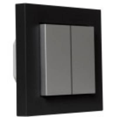 Tweevoudige lichtschakelaar in een zwart frame, ingebouwd in een muur. De schakelaar heeft twee rechthoekige knoppen.