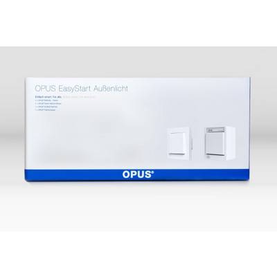 Opus-verpakking met twee lichtschakelaars, een klassieke en een met opschrift 'Easy Start', op grijze achtergrond.