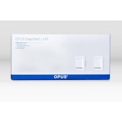 Verpakking van een lichtschakelaar met de opdruk 'OPUS EasyStart Licht'. Twee afbeeldingen van lichtschakelaars zijn aan de rechterkant weergegeven.
