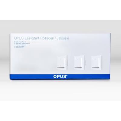 Verpakking van de 'OPUS EasyStart Rolluik/Zonwering'. Toont drie witte lichtschakelaars. Tekst informeert over eenvoudige installatie.