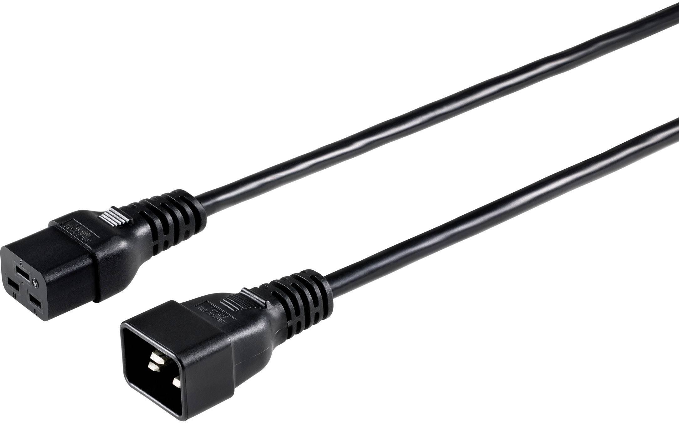 'Een zwarte netwerkkabel met twee connectoren, een IEC-C13- en een IEC-C14-stekker, voor het aansluiten van elektronische apparaten.'