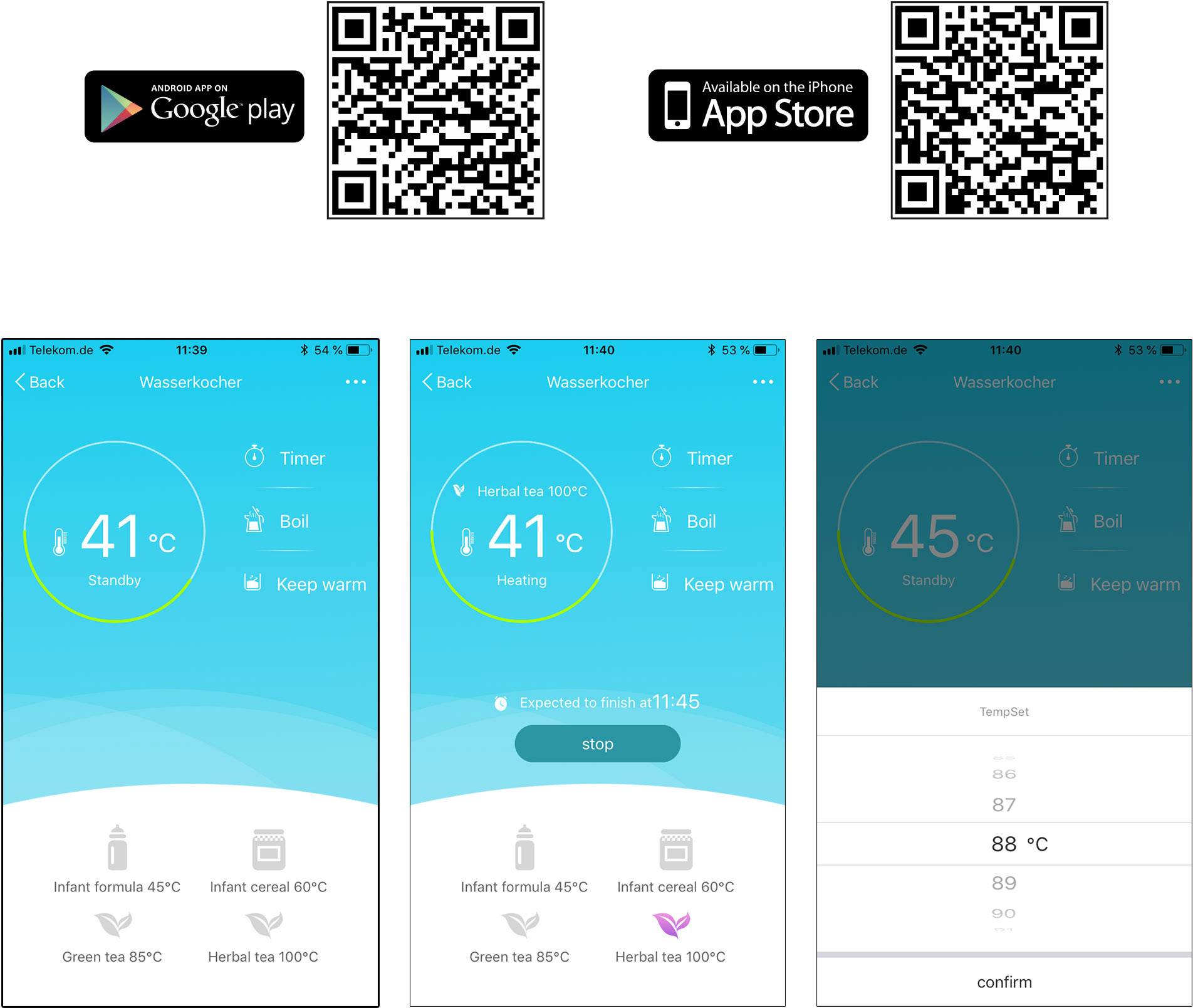 Het beeld toont drie smartphoneschermen van een temperatuurregelingsapp. Links en in het midden is de doeltemperatuur 41°C, rechts 45°C. Bovenaan bevinden zich QR-codes en app-pictogrammen voor Google Play en App Store.