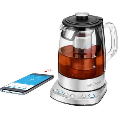 Een slimme waterkoker van glas met een smartphone ernaast. Op het smartphone is een app geopend voor het bedienen van de waterkoker.