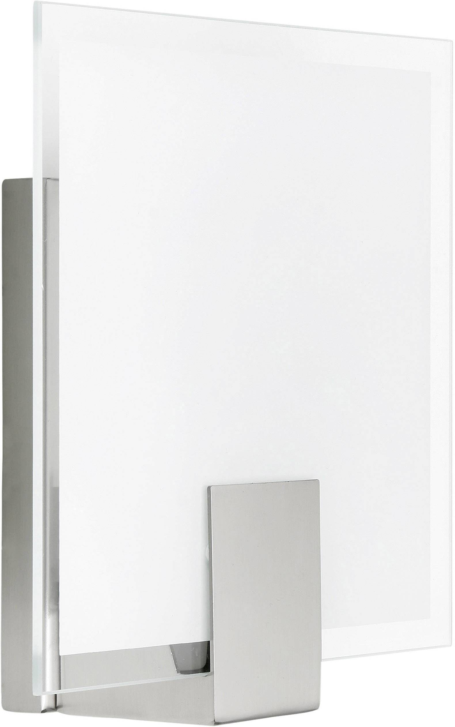 Moderne wandlamp met rechthoekige, mat zilveren behuizing en heldere glazen kap. Ideaal voor eigentijdse binnenverlichting.