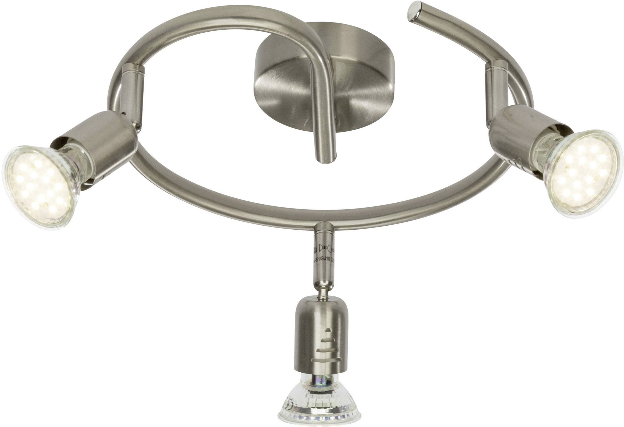 'Drielichts plafondlamp met verstelbare LED-spots, gemonteerd aan een rond metalen frame, biedt flexibele verlichting.'