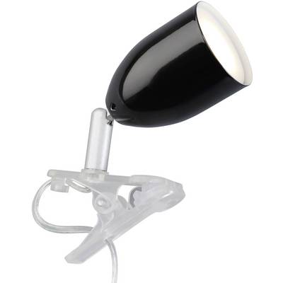 Zwarte lamp met wit licht, bevestigd aan een transparante clip, geschikt voor montage op verschillende oppervlakken.