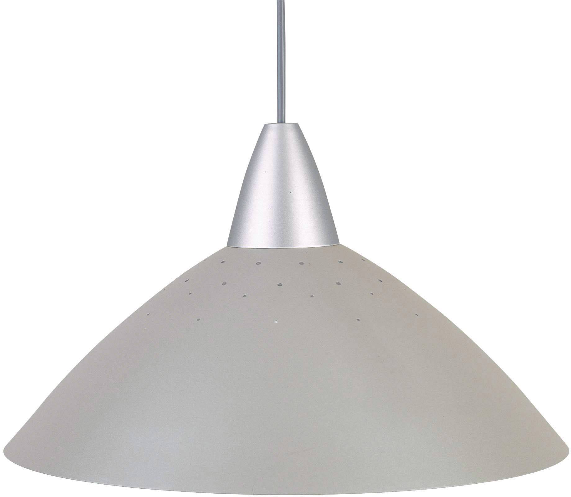 Een moderne, zilveren plafondlamp met een conische vorm hangt aan een dun kabel, ideaal voor subtiele ruimteverlichting.