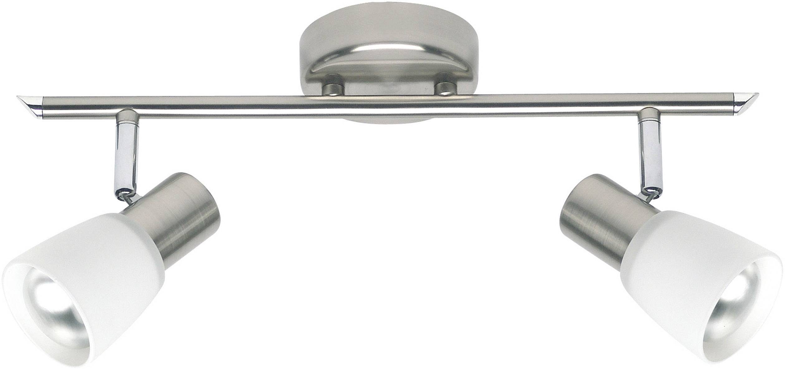 Tweearmsplafondlamp van geborsteld metaal met verstelbare witte glazen kappen voor gericht licht, gemonteerd op een ronde voet.