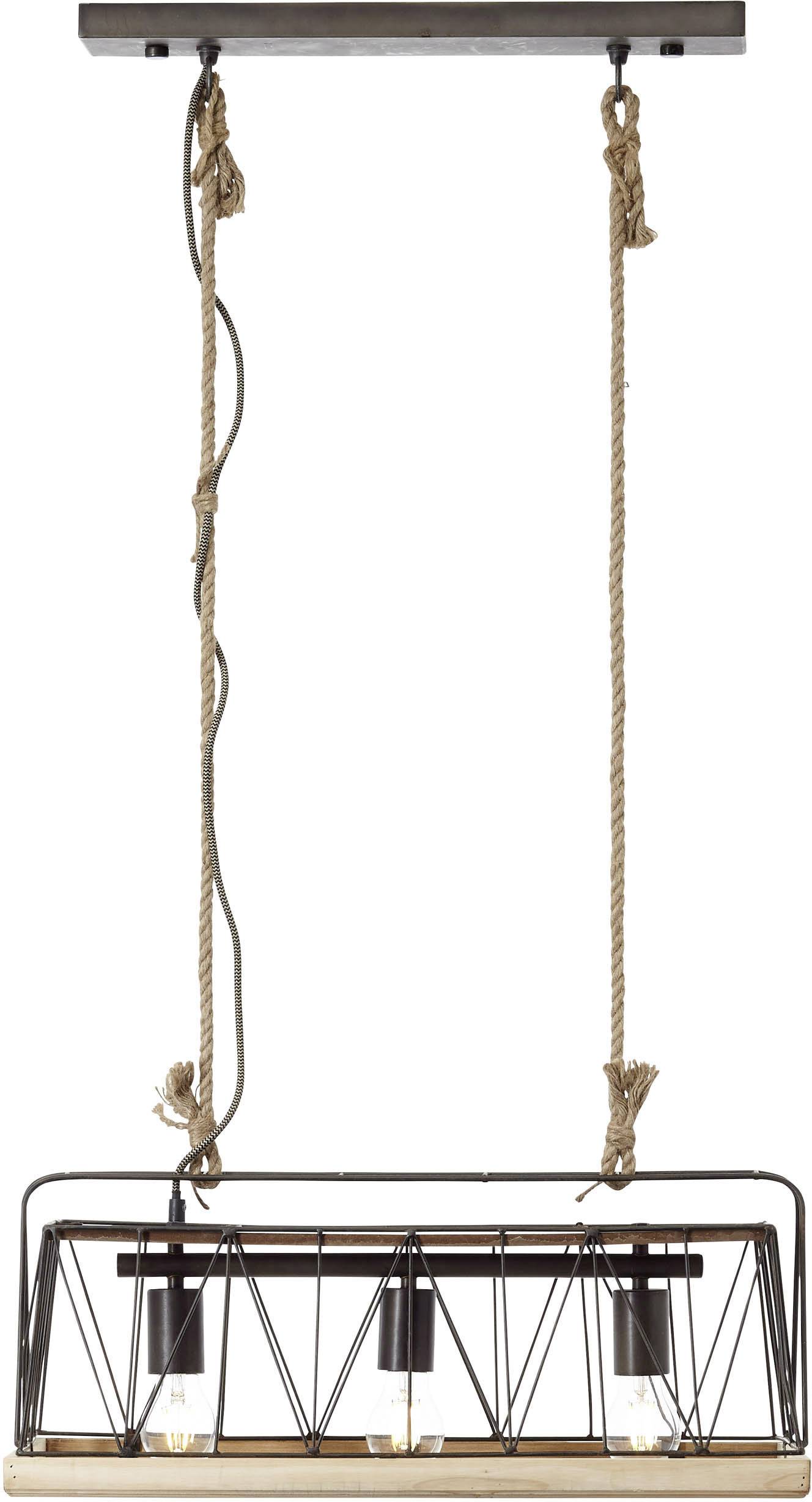 Hanglamp van metaal met rechthoekige houten voet en drie gloeilampen, opgehangen aan twee kabels. Industrieel design.