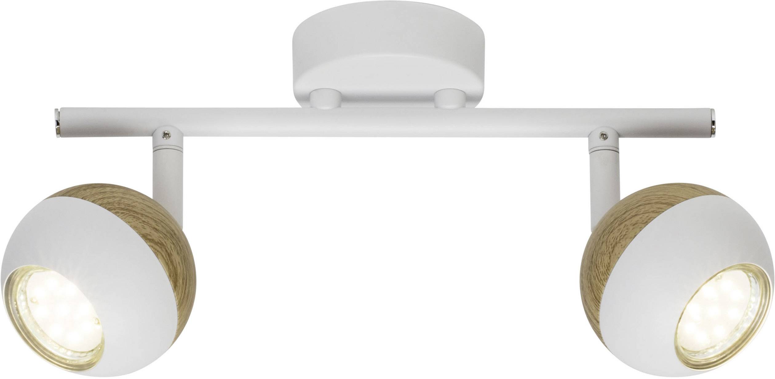 Witte plafondlamp met twee bolvormige verlichtingskoppen met houten accenten, die in verschillende richtingen kunnen worden gedraaid.