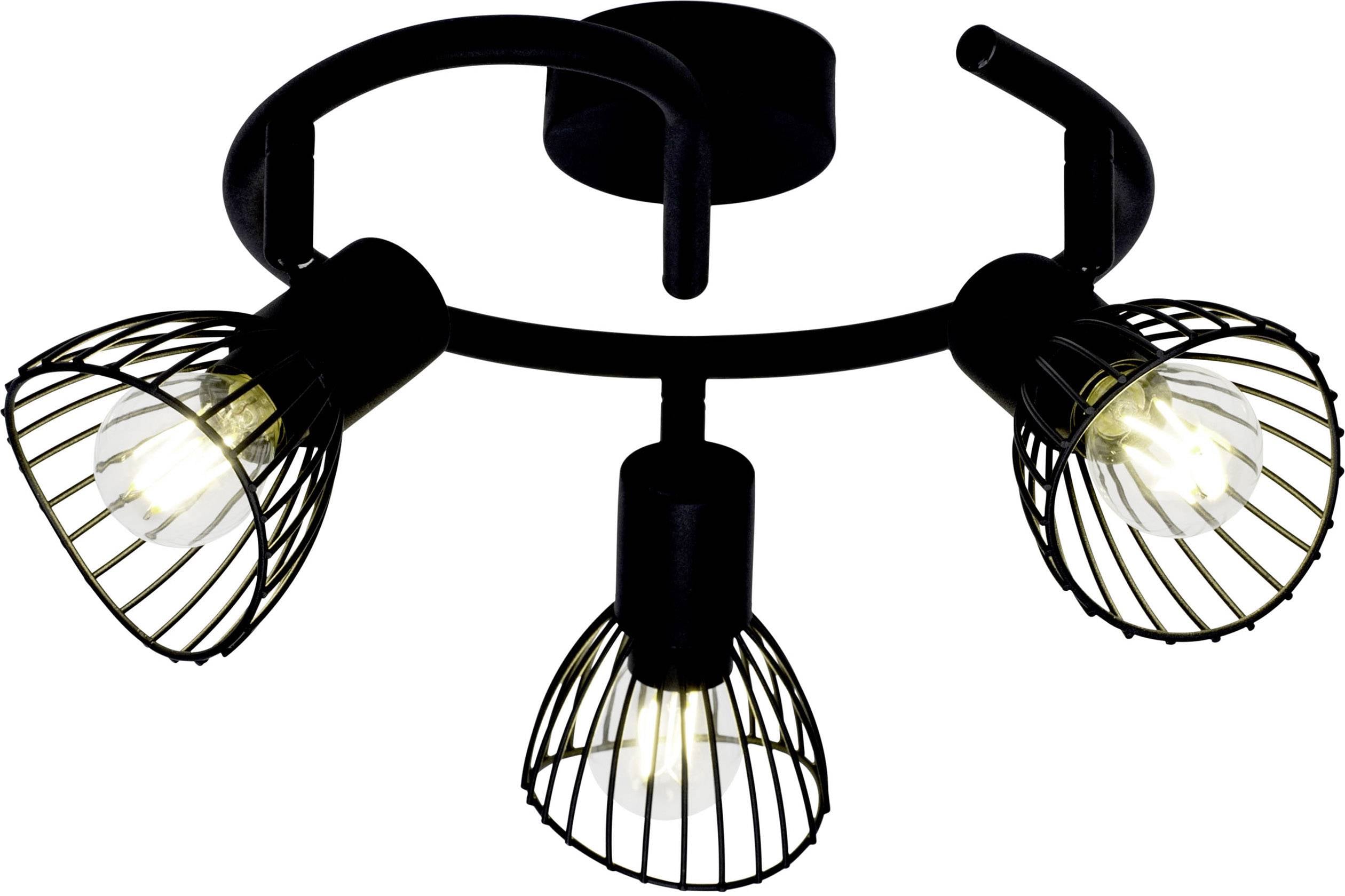 Zwarte plafondlamp met drie verstelbare lichtkoppen, metalen roosterontwerp.