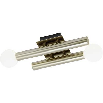 Twee cilindrische, goudkleurige armaturen zijn parallel bevestigd aan een rechthoekige plafondsteun, elk voorzien van een ronde gloeilamp aan de uiteinden.