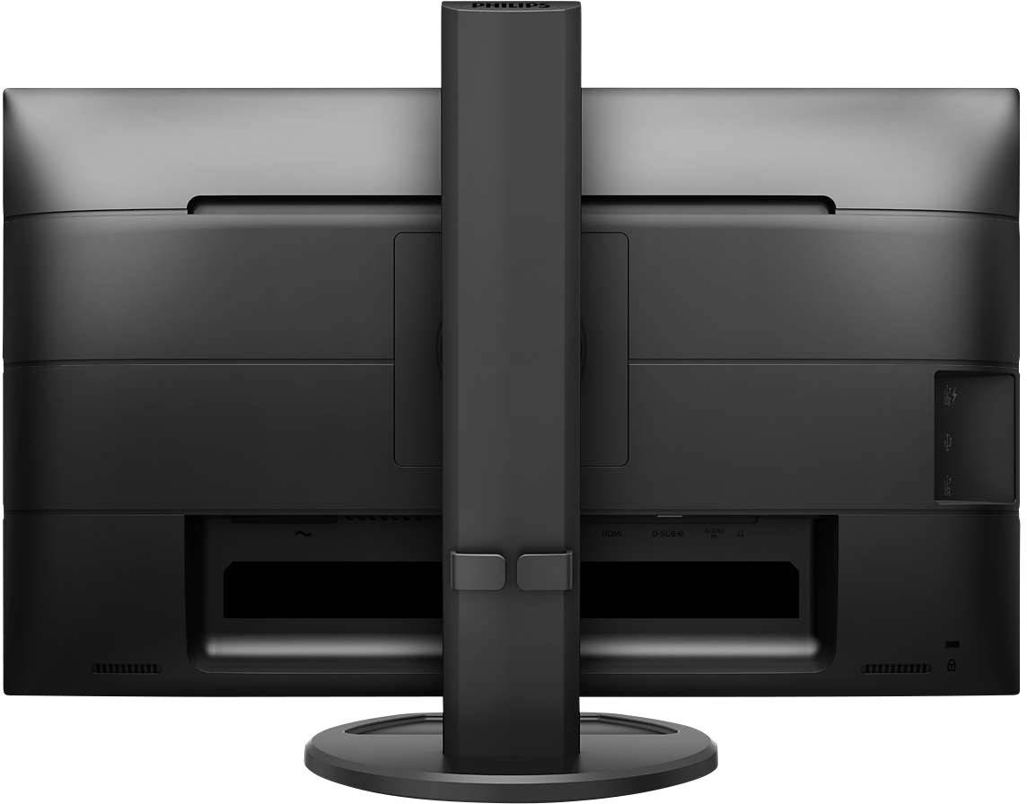 Achteraanzicht van een zwarte computermonitor met verstelbare standaard. De monitor heeft een slanke, moderne vormgeving.