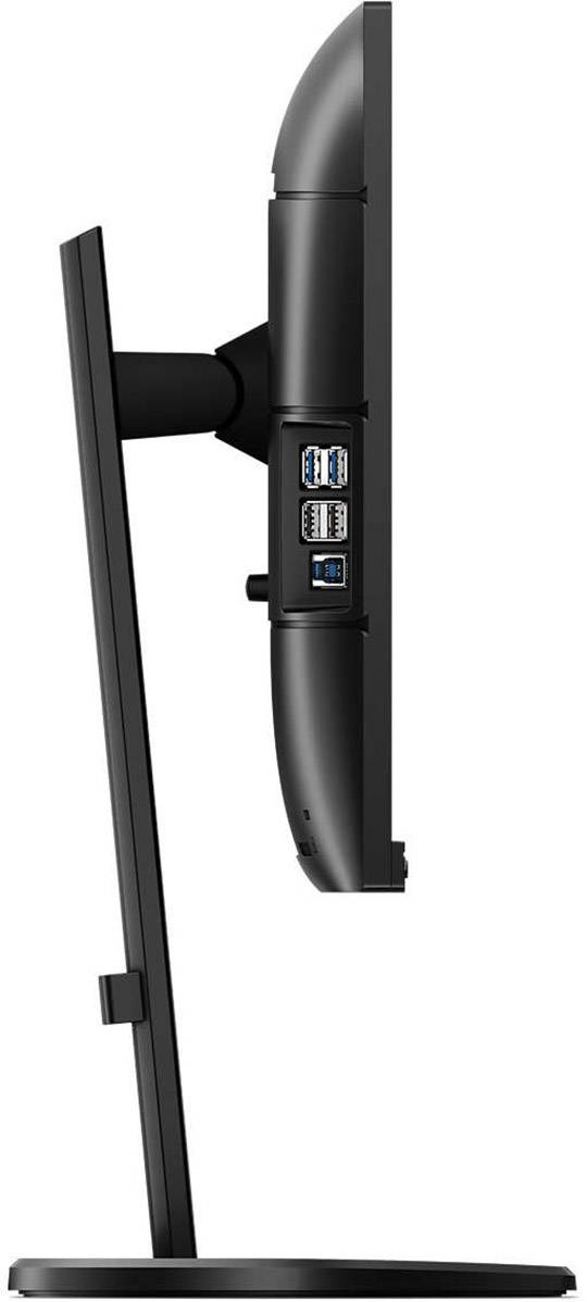 Een computer-beeldscherm gezien van opzij, met meerdere USB-poorten aan de achterkant, gemonteerd op een stabiele voet.