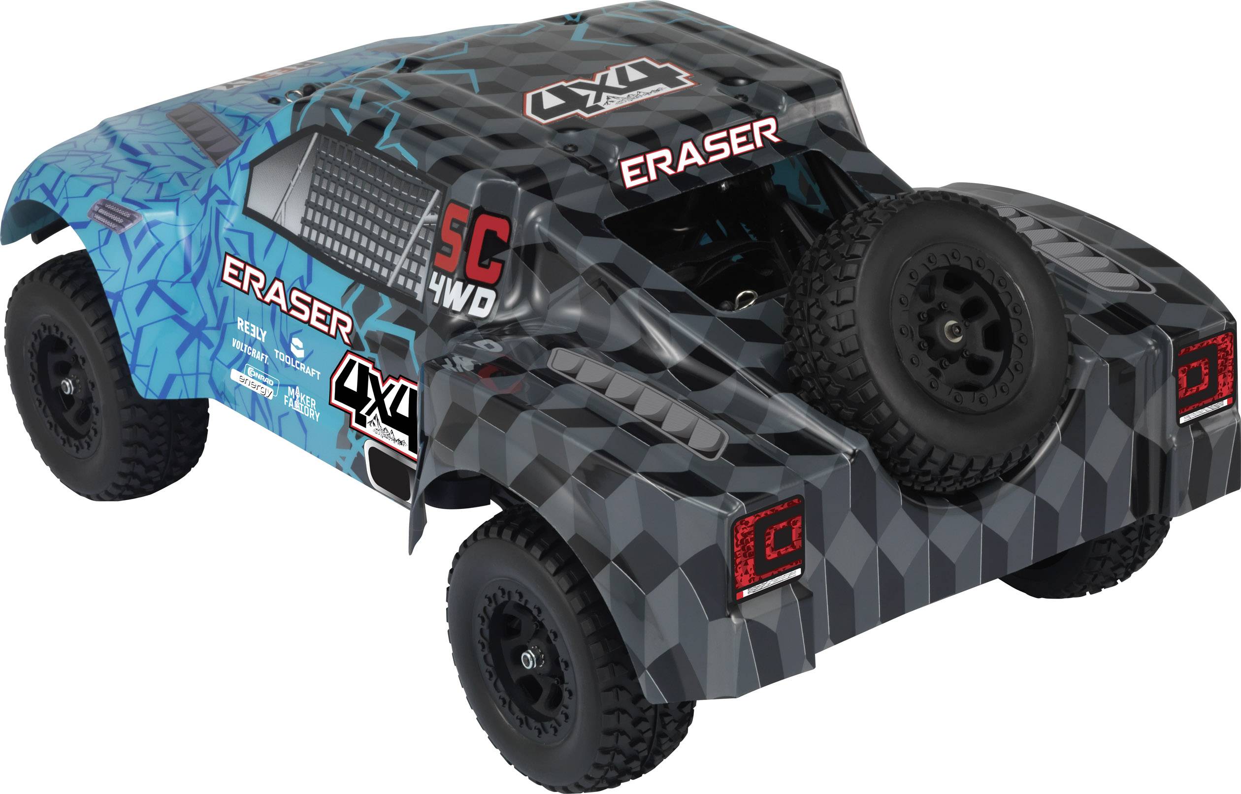 Een afstandsbediend auto met een grafisch ontwerp in blauw en grijs. Opschrift 'Eraser' aan de zijkanten, reservewiel achteraan bevestigd.