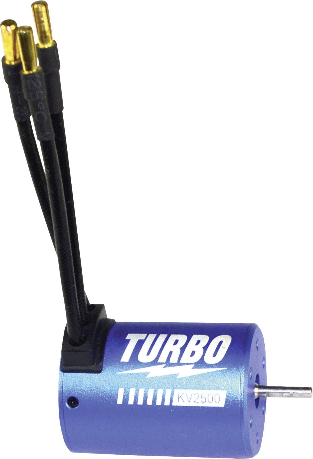 Blauwe elektromotor met opschrift 'TURBO' en 'KV2500', drie zwarte kabels met gouden connectoren steken uit.