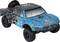 Speelgoed-terreinwagen in offroad-stijl, blauw met zwarte banden en opschriften '4X4' en 'Eraser' aan de zijkant.