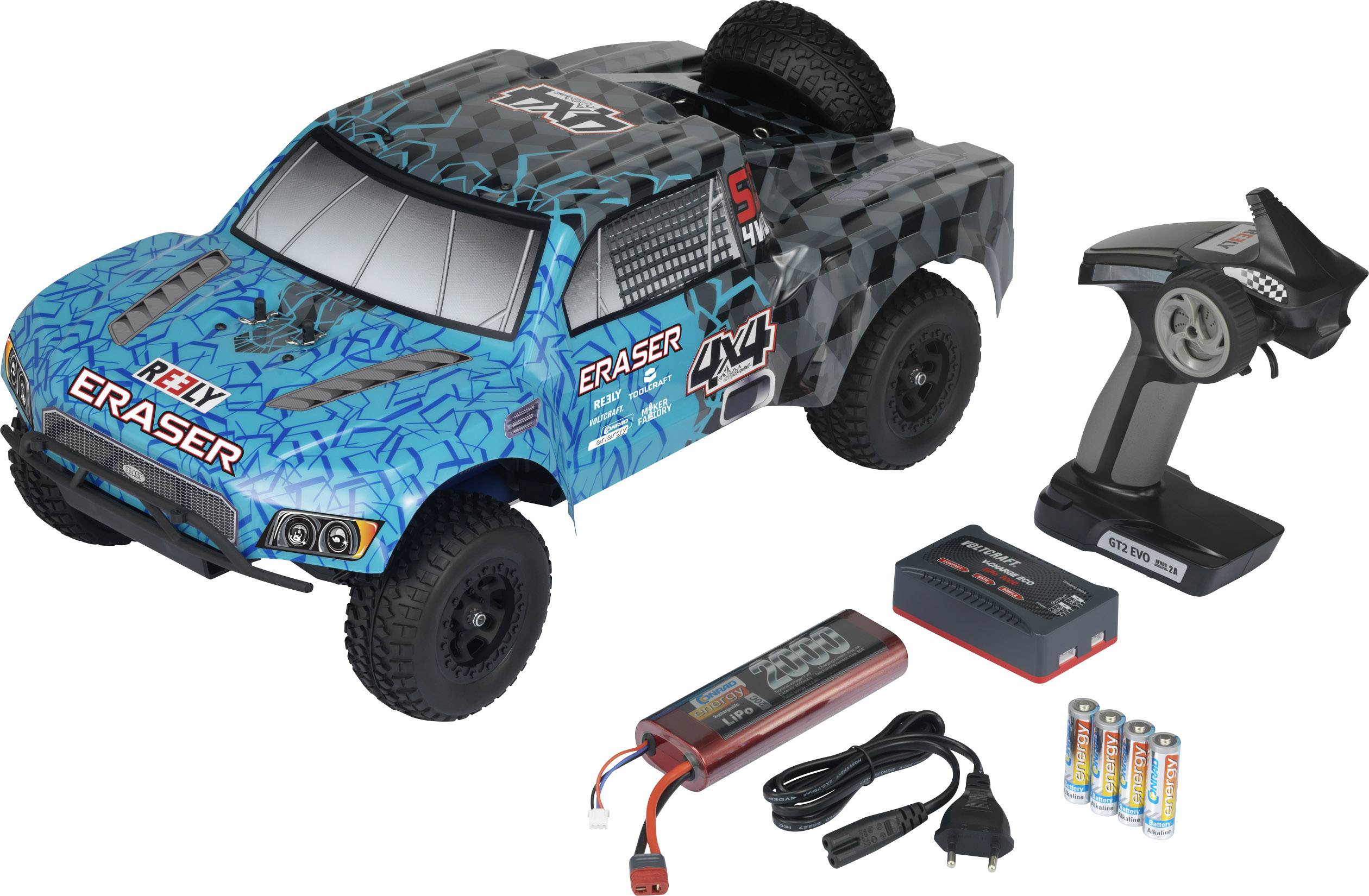 Een blauw-zwarte bestuurbare auto met reserveband, afstandsbediening, accu, oplader en batterijen. Modelaanduiding: 'Eraser'.