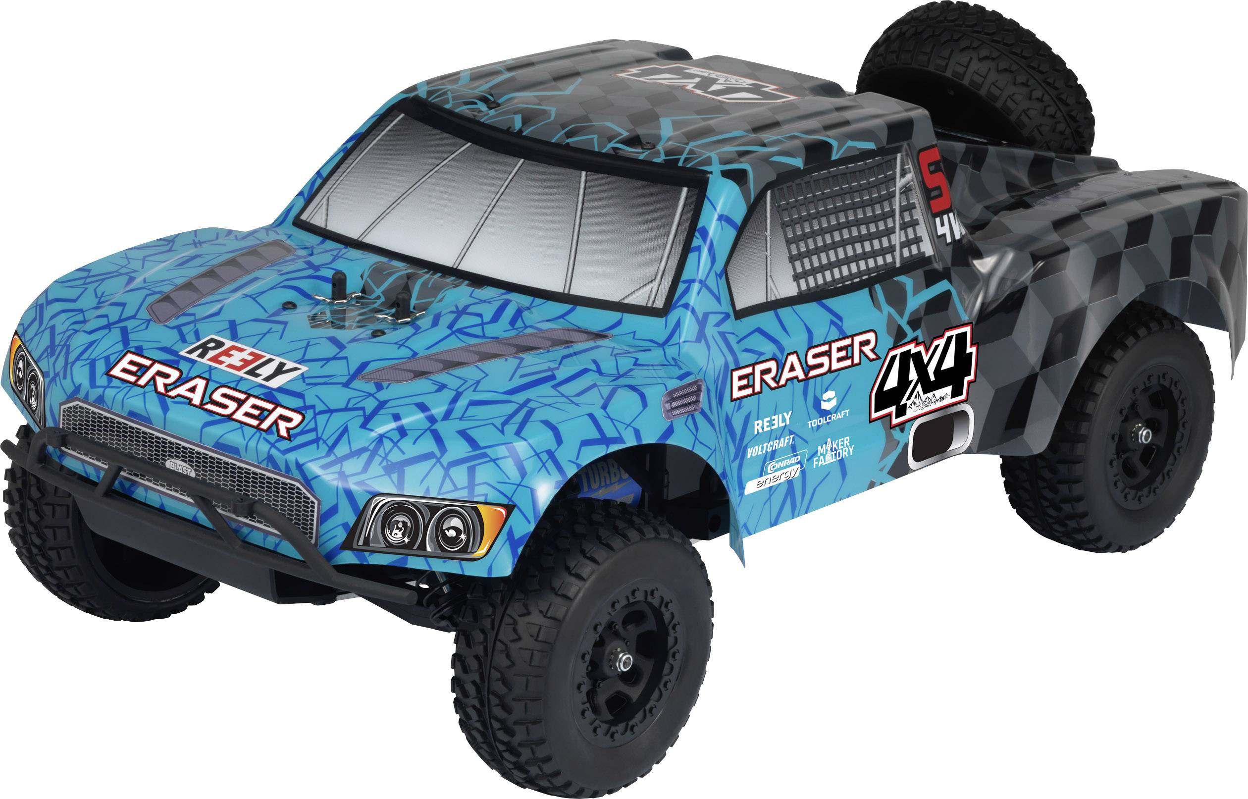 Speelgoedauto in rallystijl met blauwe en zwarte carrosserie, gemarkeerd met 'Eraser'. Grote banden en sportief design.