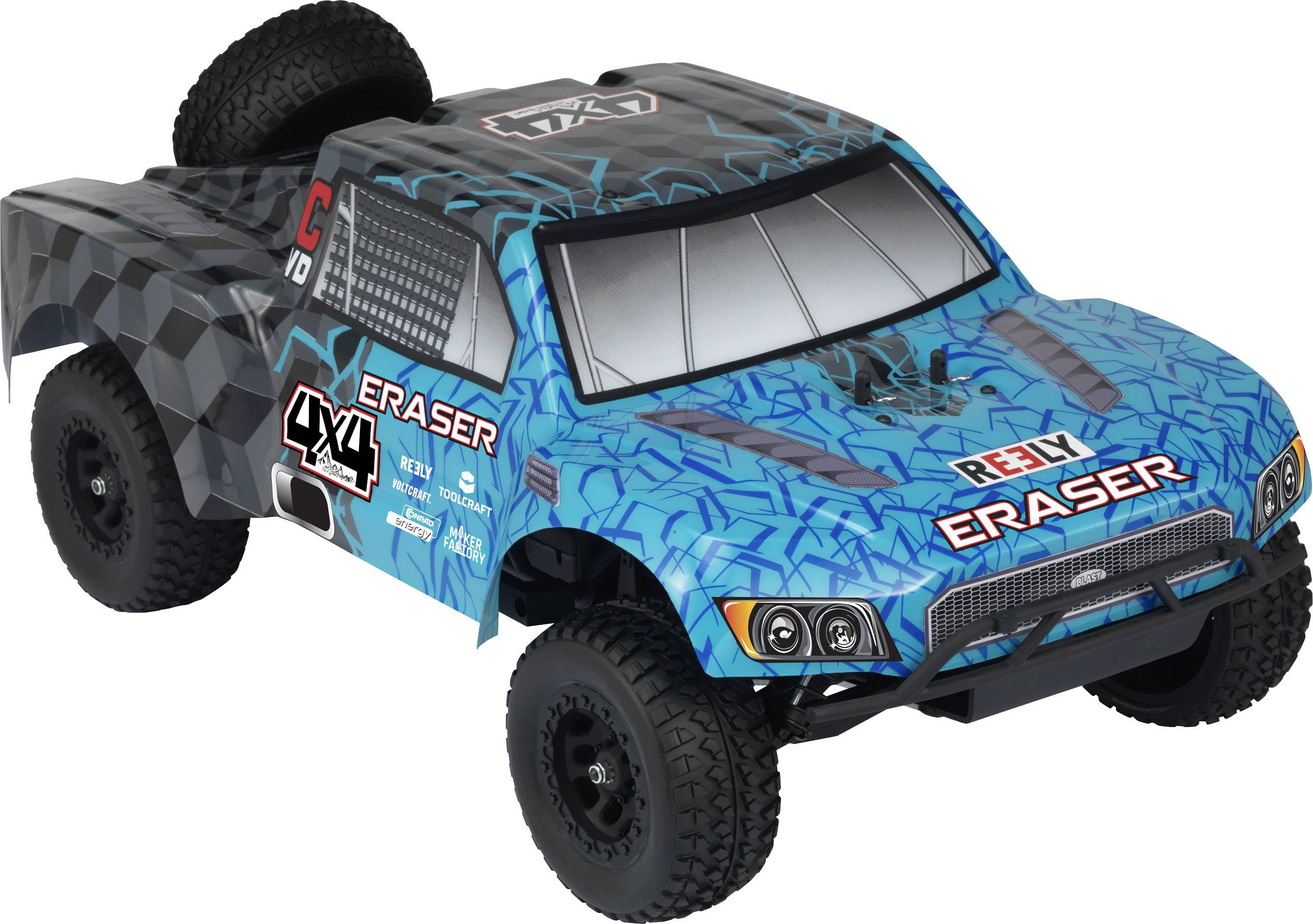 Een afstandsbediend speelgoed-racewagen met een blauwe carrosserie en zwarte wielen. Opschrift: 'Eraser' en '4x4'.