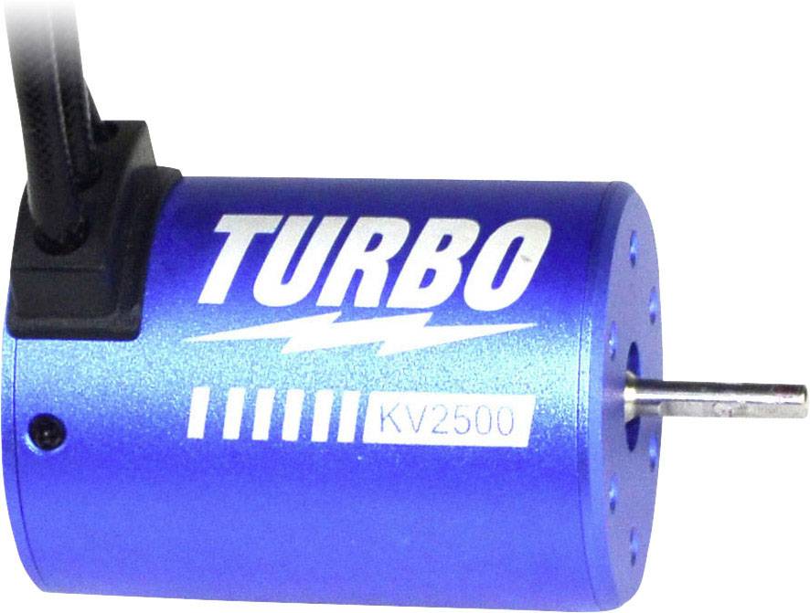 Blauwe elektromotor met opschrift 'TURBO' en 'KV2500', geschikt voor modelbouw.