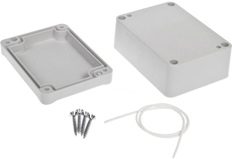Een grijs elektronicabehuizing in twee delen, vergezeld van schroeven en een kabelbinder, op een witte achtergrond.