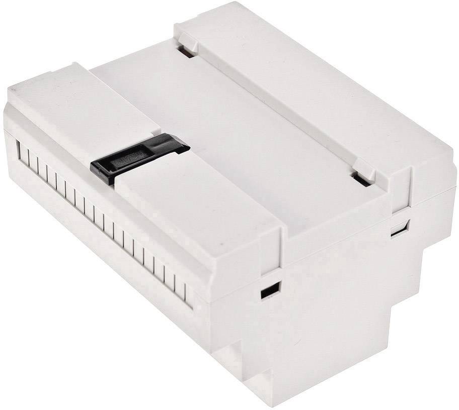 Een wit kunststof behuizing met zwarte componenten, waarschijnlijk een elektrische of elektronische module met ventilatiesleuven.