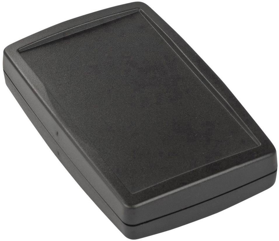 Een zwart, rechthoekig kunststof behuizing met afgeronde hoeken, zonder zichtbare markeringen of bedieningselementen.