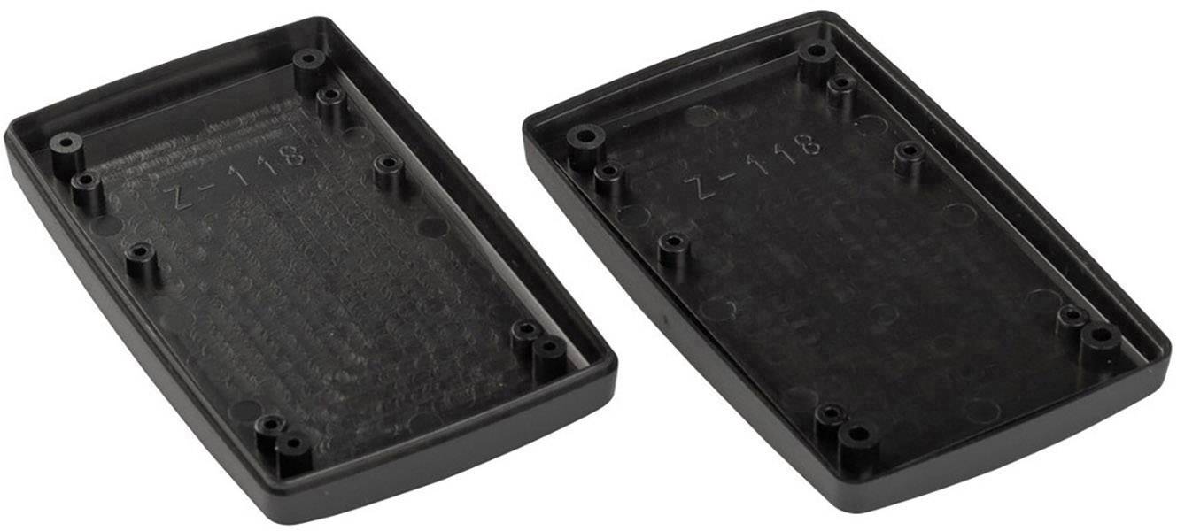 Twee zwarte kunststof behuizingshelften, open en naast elkaar liggend, waarschijnlijk bedoeld voor een kleine elektronische apparaat.