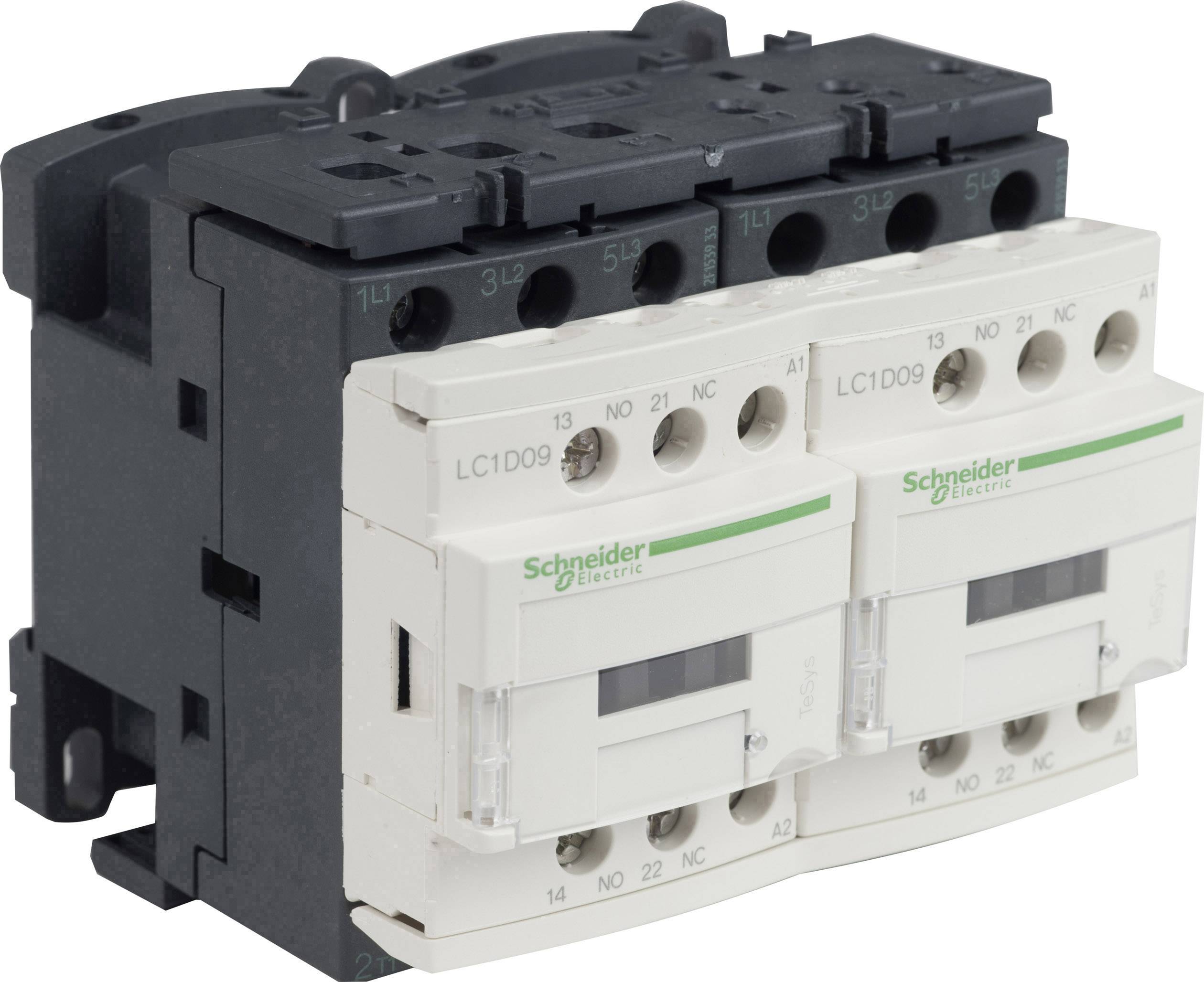 Een magneetschakelaar van Schneider Electric, LC1D09 model, met twee witte modules en groene markering. Elektrisch schakeltoestel.