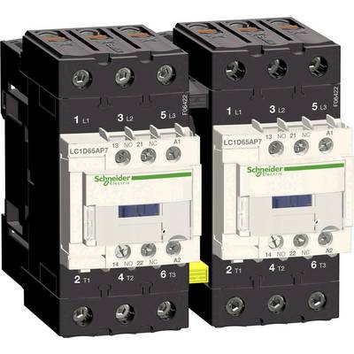 Twee zwarte vermogensschakelaars met witte opschriften van Schneider Electric, model LC1D65AP7, met zichtbare aansluitingen aan de boven- en onderkant.