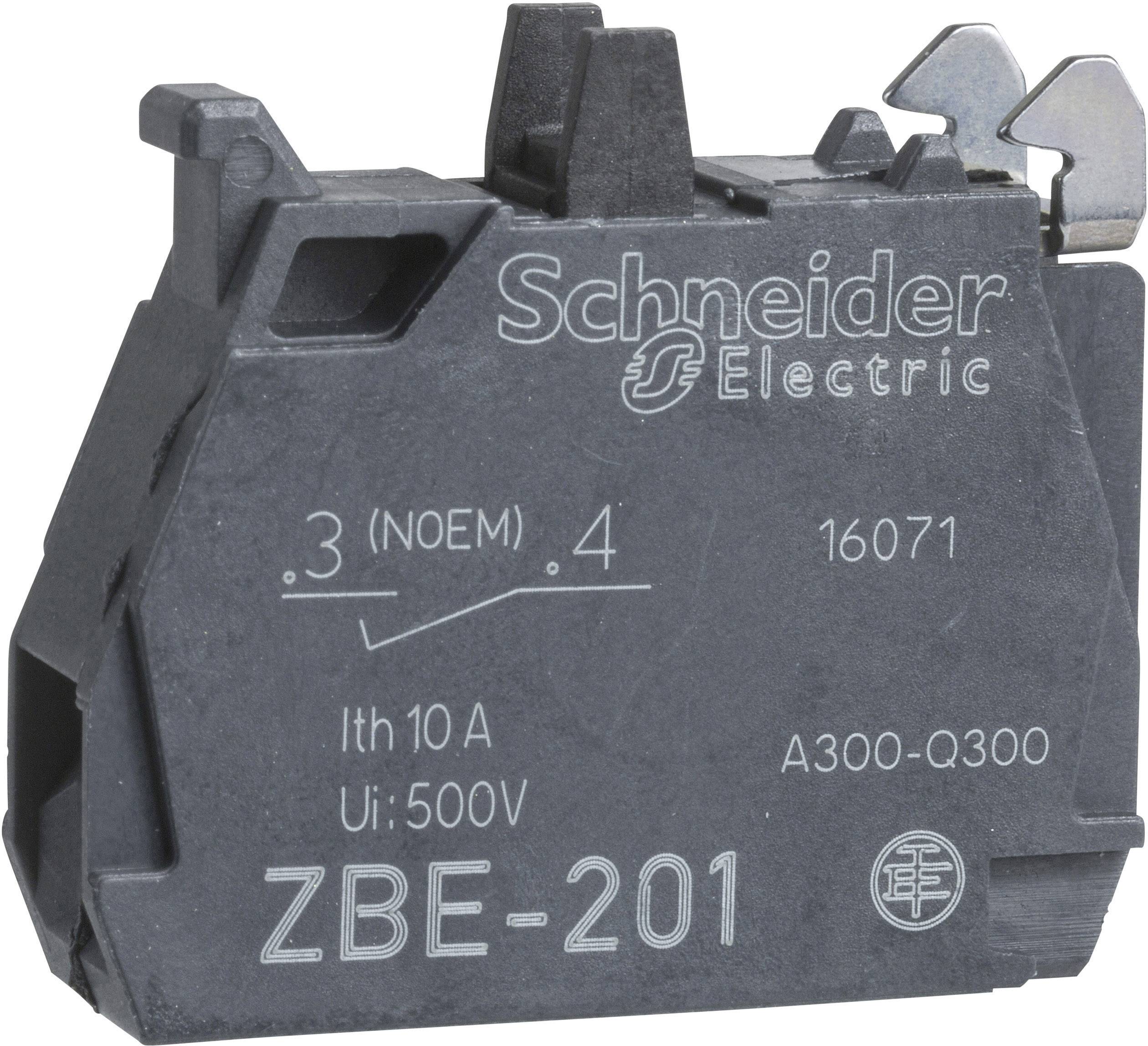 'Close-up van een elektrische schakelaar van Schneider Electric, model ZBE-201. Opschrift toont specificaties: Ith 10A, Ui 500V.'