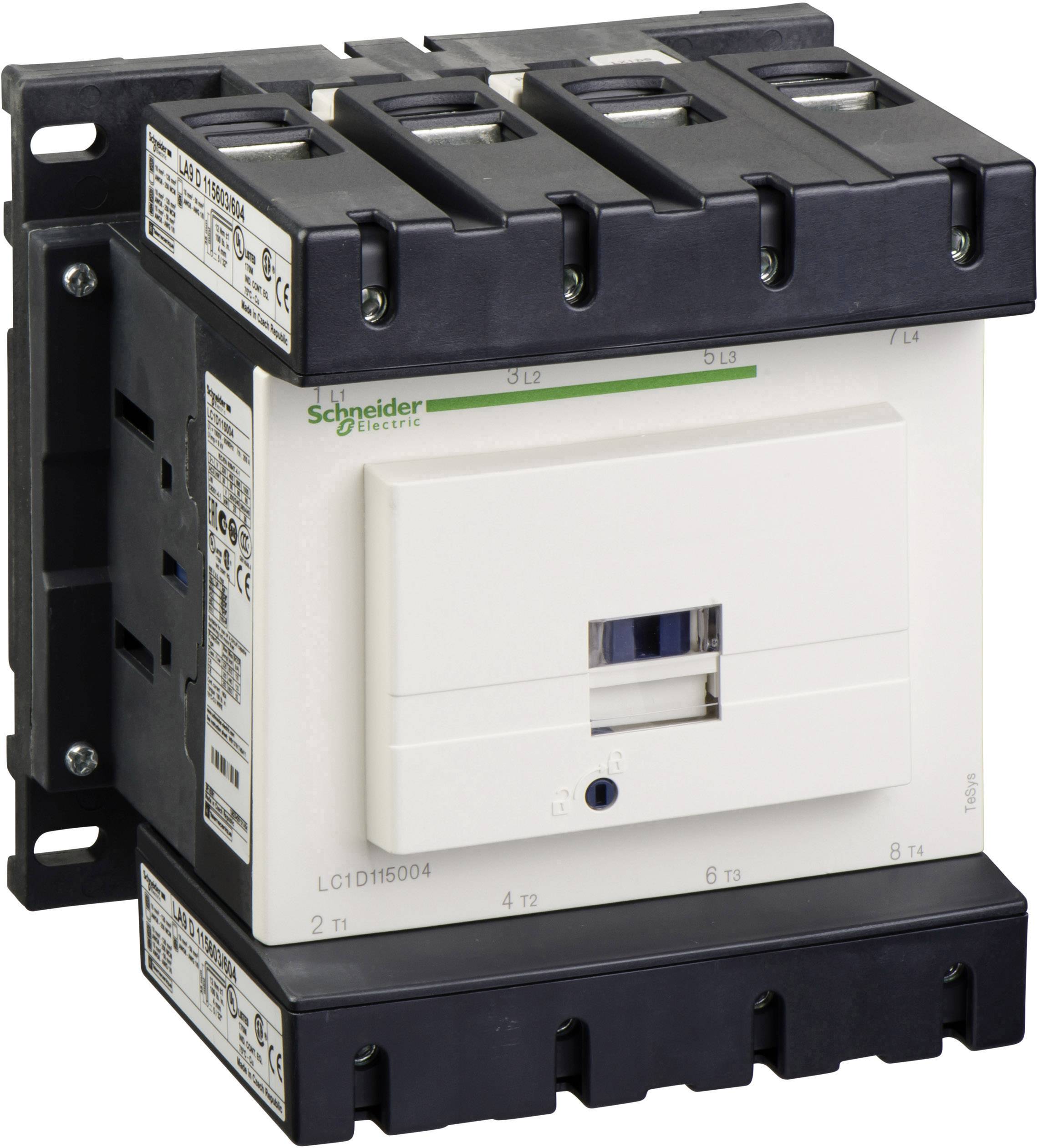 Een elektrische schakelaar met het opschrift 'Schneider Electric'. Toont een vierkast behuizing met meerdere aansluitingen aan de bovenkant.