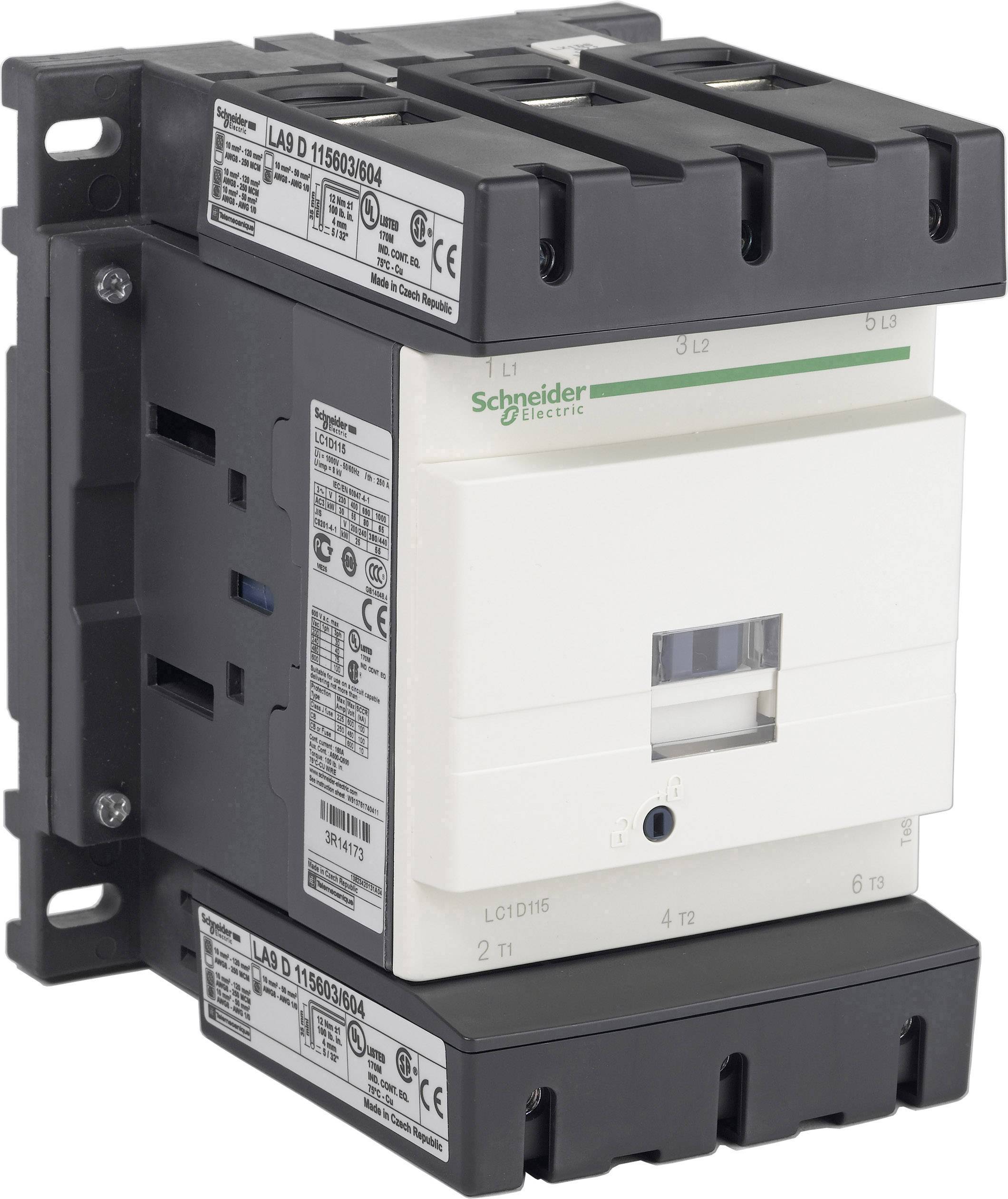 Driepolige vermogensschakelaar van Schneider Electric, modelnummer LAD D 115303904. Gebruikt voor het besturen van elektrische circuits.