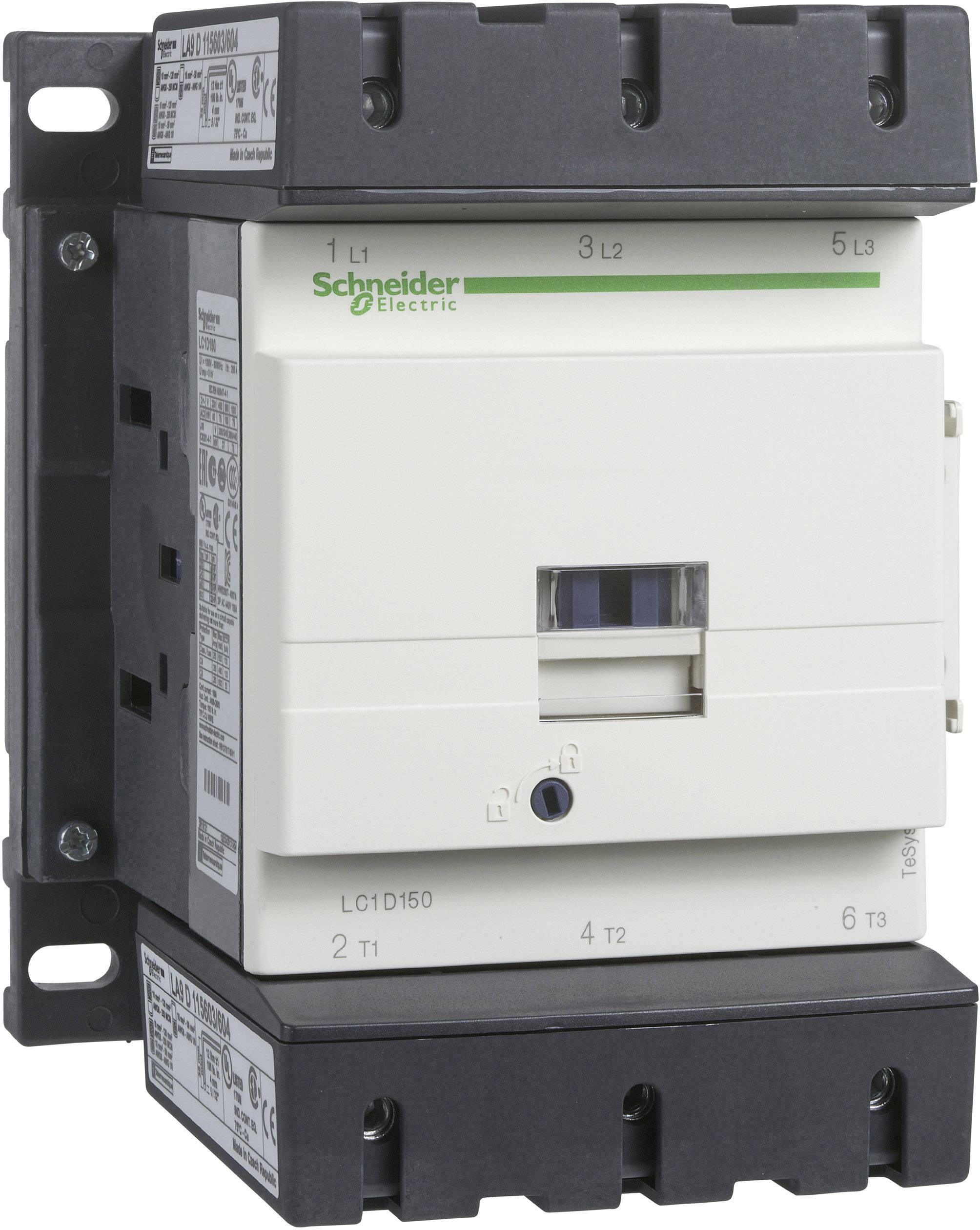 Een elektrische vermogensschakelaar van Schneider Electric, half-close, frontaal. Apparaat toont meerdere aansluitingen en technische details.