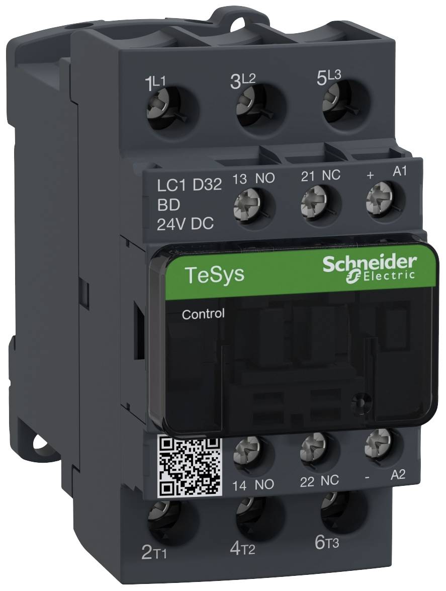 'Schneider Electric TeSys Schütz', een elektrisch schakeltoestel met groen logo, QR-code en verschillende aansluitingen.