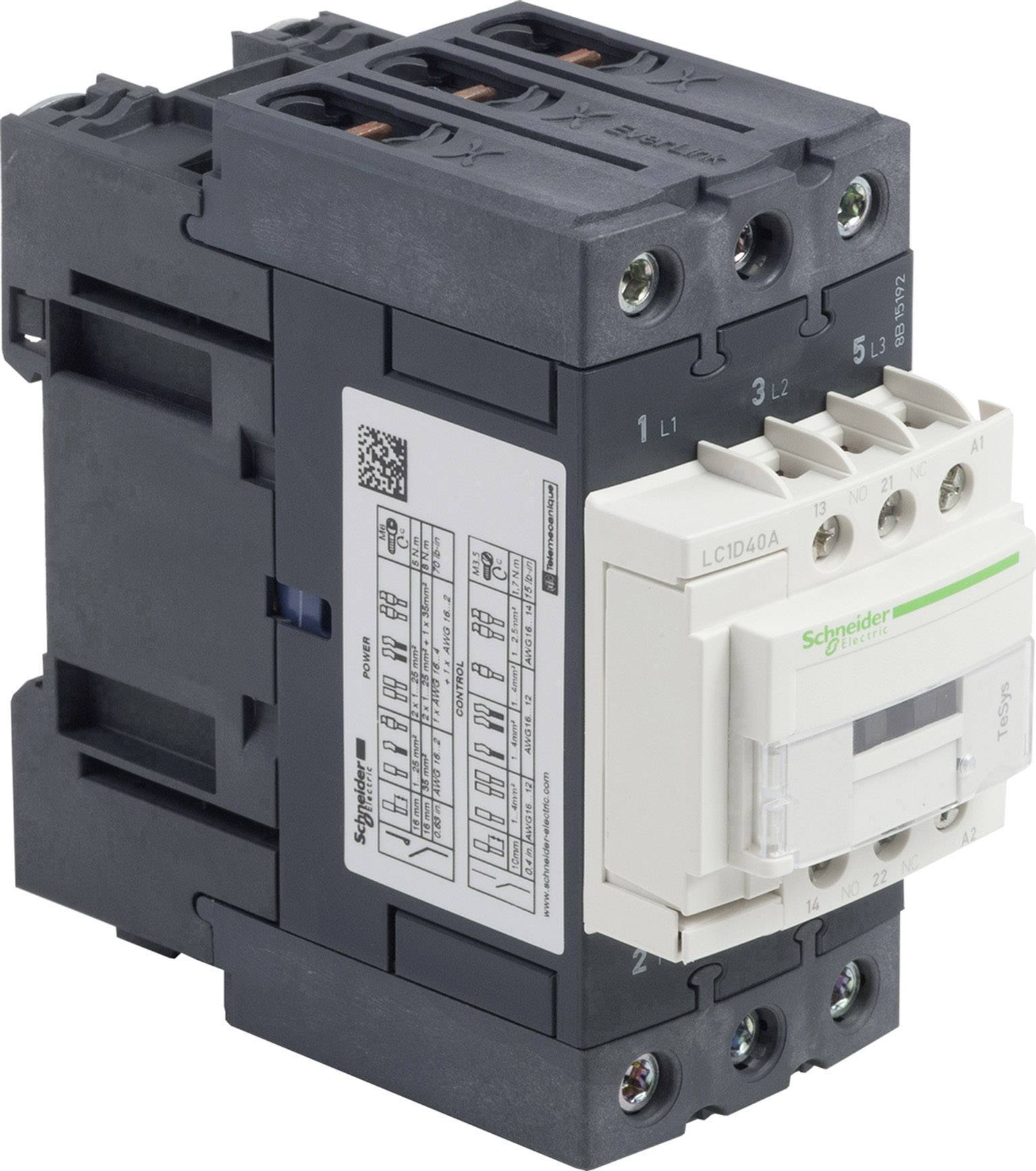 Een vermogenscontactor van Schneider Electric met modelnummers en technische details op het label, voornamelijk in zwart en wit.