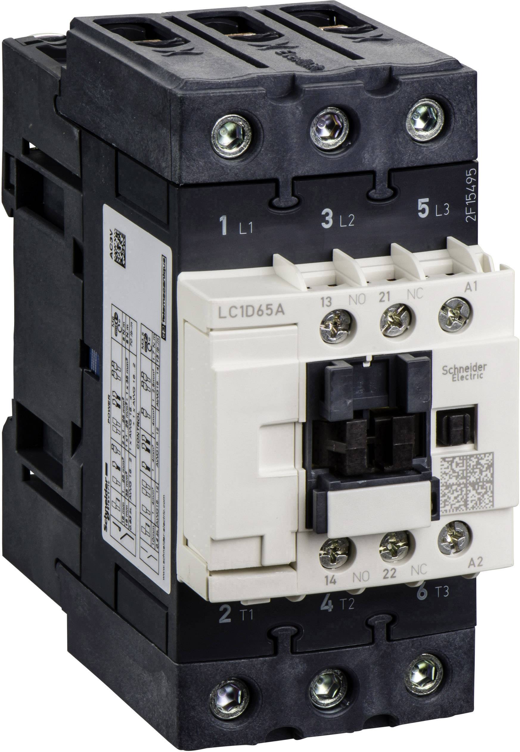 'Schneider Electric LC1D65A contactor, zwart-wit behuizing, drie hoofdaansluitingen boven en onder, technisch apparaat voor het besturen van elektrische schakelingen.'