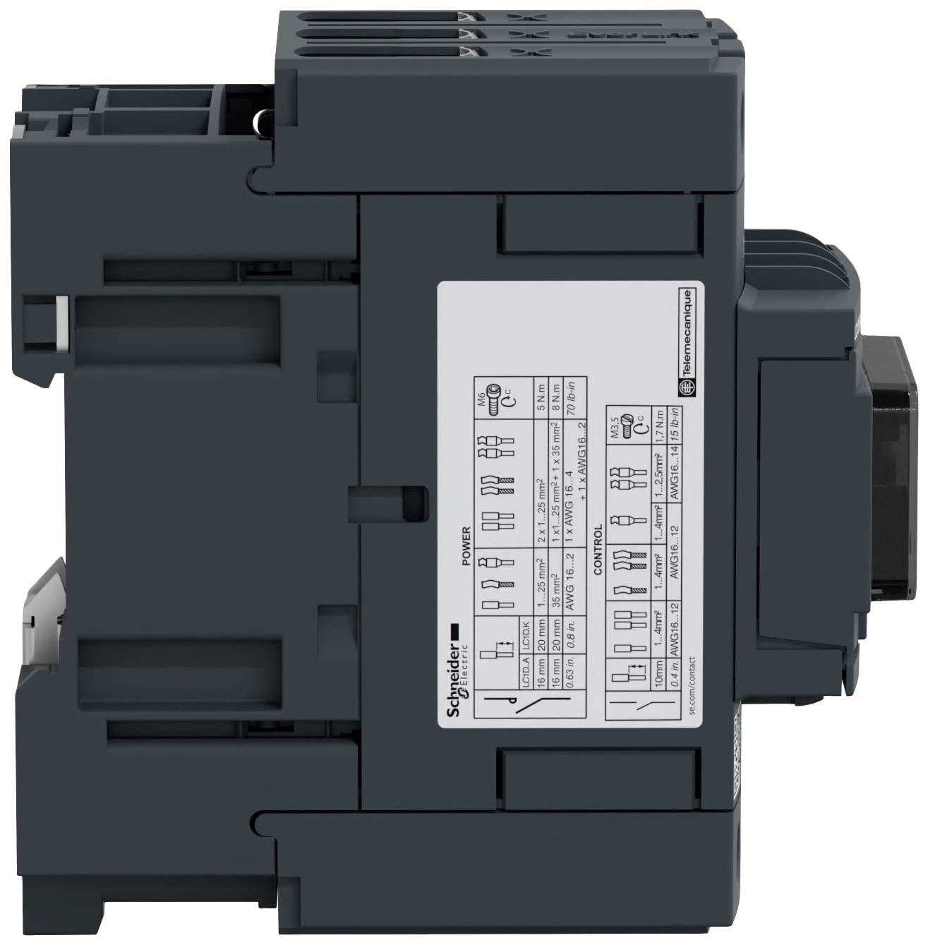 'Schneider Electric' relais in zijaanzicht met productdetails en schakelschema's aan de voorkant. Hoofddoel: besturing van elektrische machines.